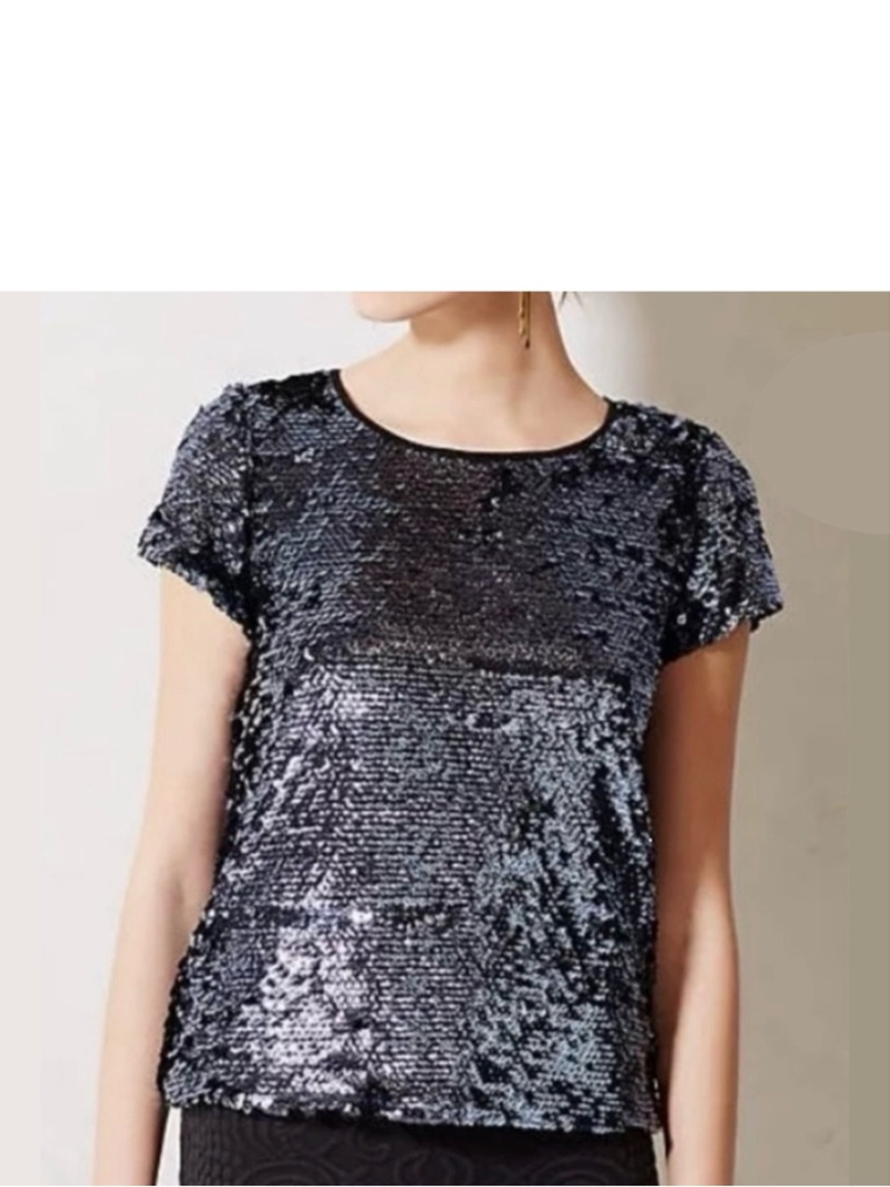Leifdotter Sequined Short Sleeve Navy Blue Size Small Round Neck Cap Sleeve EUC